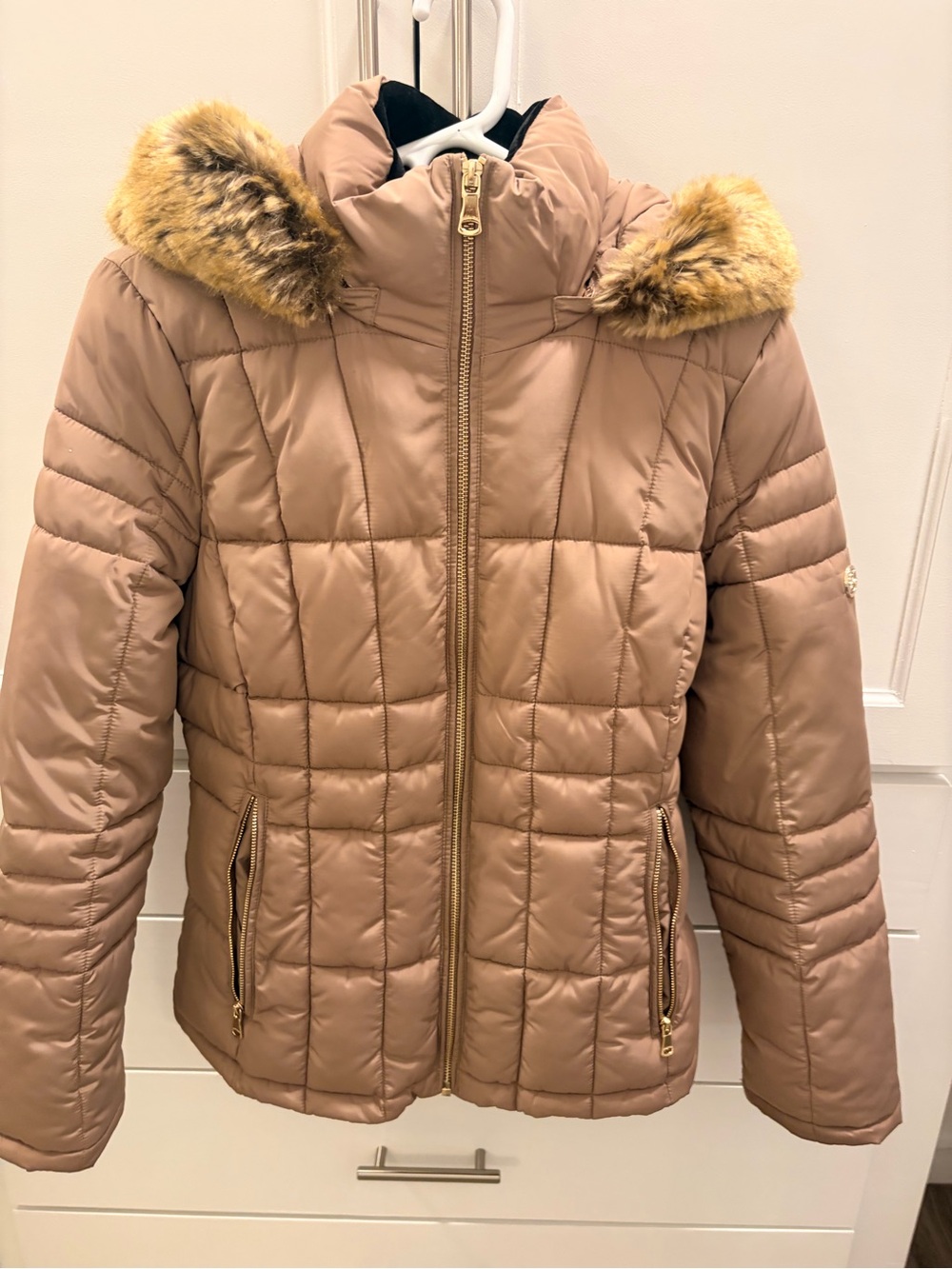 Calvin Klein Quilted Taupe Puffer Jacket with Faux-Fur Trim
